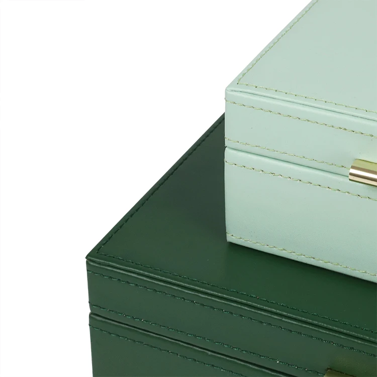 Set of 2 dark and light green storage box desk pu leather cosmetic makeup jewelry sundries storage box with lid