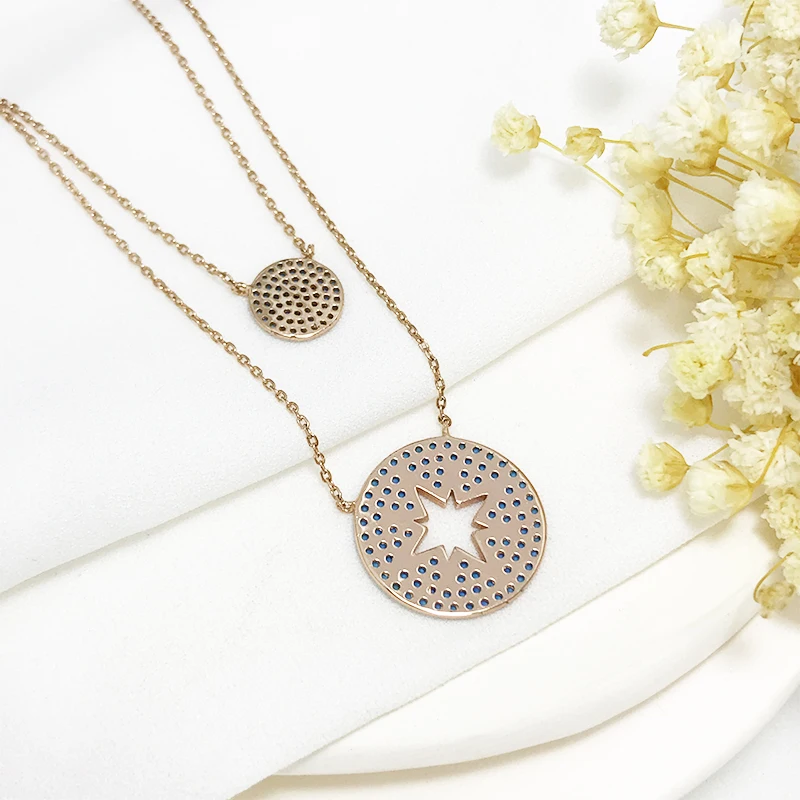 Round Turkey Wholesale Sterling Silver Polaris Blue Zircon Pendant Double Layer Chain Elegant Vintage Necklace Jewelry