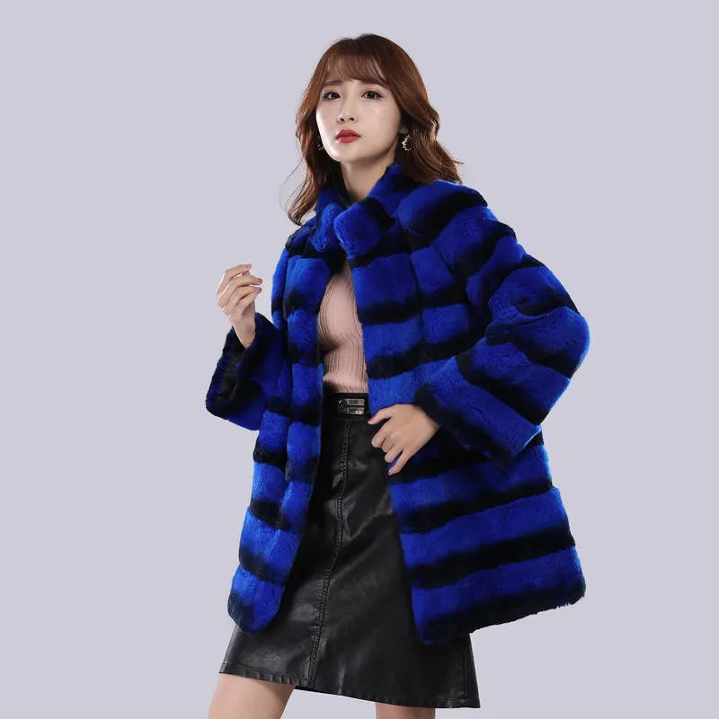 2021 new design products Chinchilla color Rex Rabbit Fur Coat for Fashion Women royal blue rex rabbit fur coat stand up collar