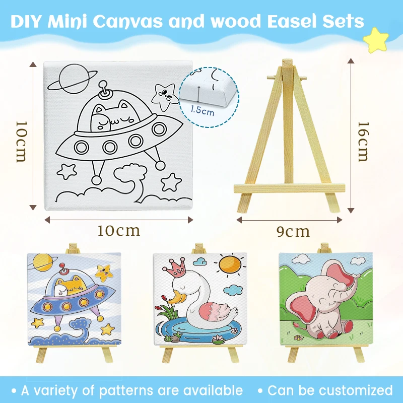 24 packs 10*10CM DIY Mini Canvas and wood display Easel Sets Multi Size Mini Wood Easel With Canvas Sets For Kids Painting