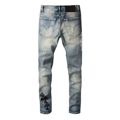 KX05 High street personality mens casual jeans cross embroidered plus size men jeans printed slim pants