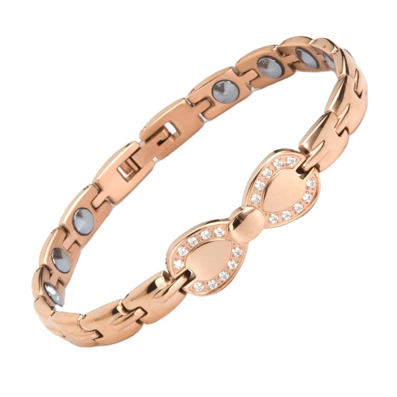 Wholesale medical cubic zirconia CZ bowknot rose gold plated magnetic 99.99% germanium bracelet health jewellery women