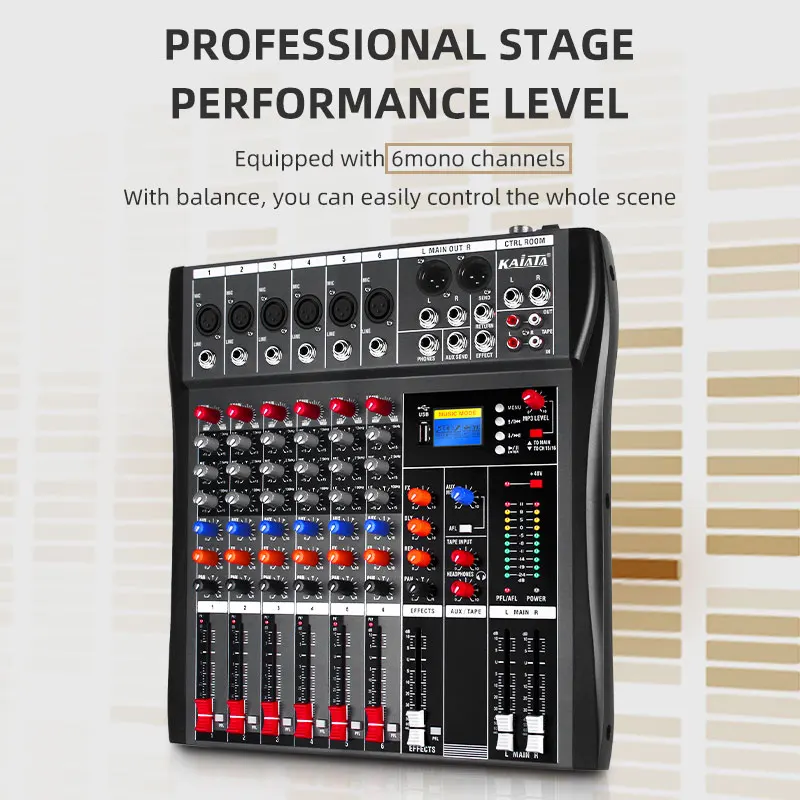 KAIKA CT6  Power Amplifier 48V Phantom Power 6 Channel Digital Audio Console Professional Audio Mixer
