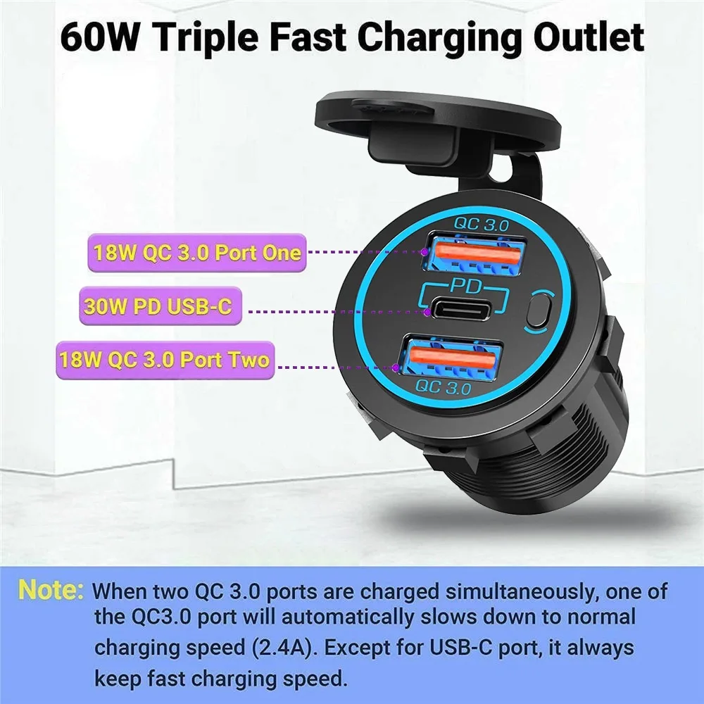 12V Dual QC3.0 Rapid Charger PD USB Triple Power Socket Electronic Accessories For Car Charger Socket