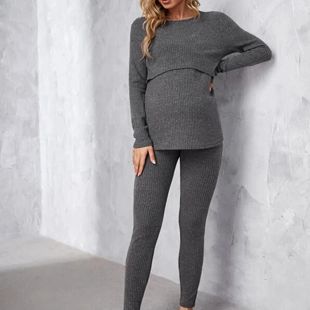 Maternity ribbed knit lift Care top and leggings pajamas comfortable casual set for women