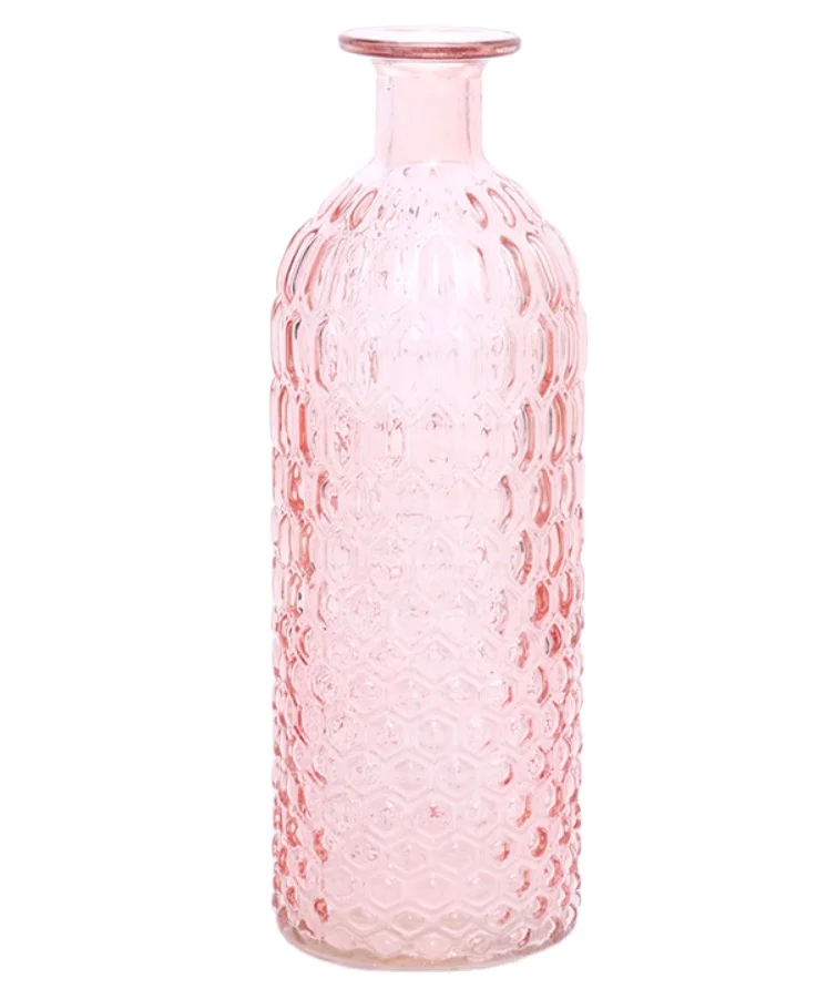 Mini Glass Bud Vases Embossed Pink Flower Vase With Robe Decorative Cylinder Glass Bottles Centerpiece for Wedding Reception