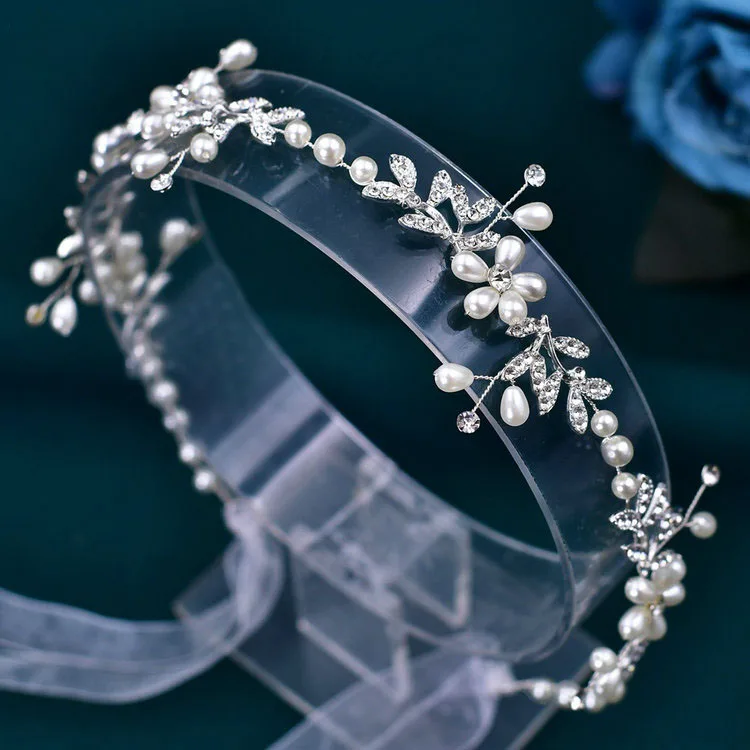 Wholesale Handmade Hair Accessories Alloy Leaf Pearl Wedding Tiara Headdress Party Hair Vine Bridal Organza Ribbon Hair Band