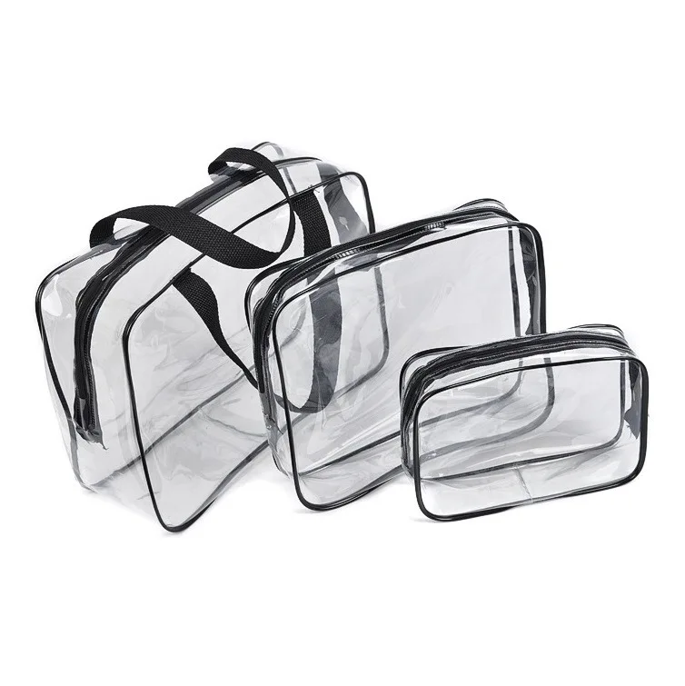Wholesale waterproof 3pcs set clear pvc makeup cosmetic toiletry bag transparent travel bath storage bag
