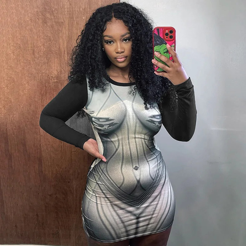 X08722C Women 3D Body Printed Long Sleeve O-neck Bodycon Midi Mini Dress 2023 Street Sexy Club Evening Party Dresses Vestidos