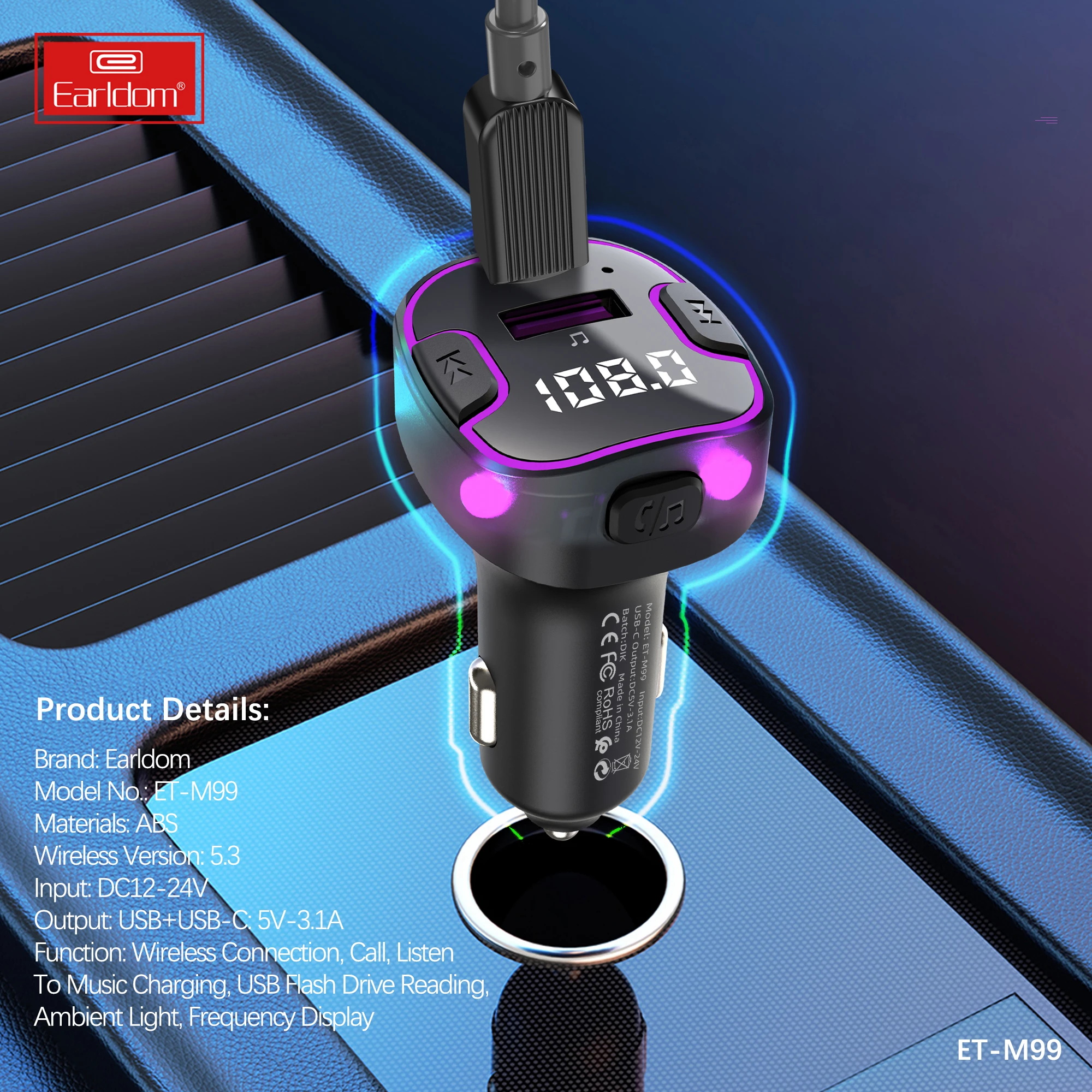 Earldom Car Blue-tooth 5.0 MP3 Player Transmitter Car Phone Charger Blue-tooths Car Kit