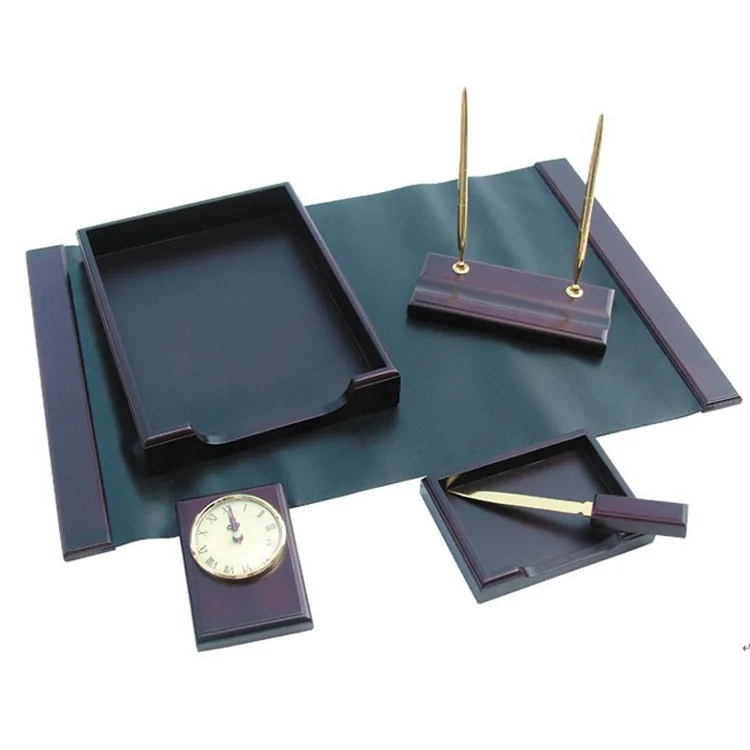 Cheap design leather office desktop set storage tray desk organizer set