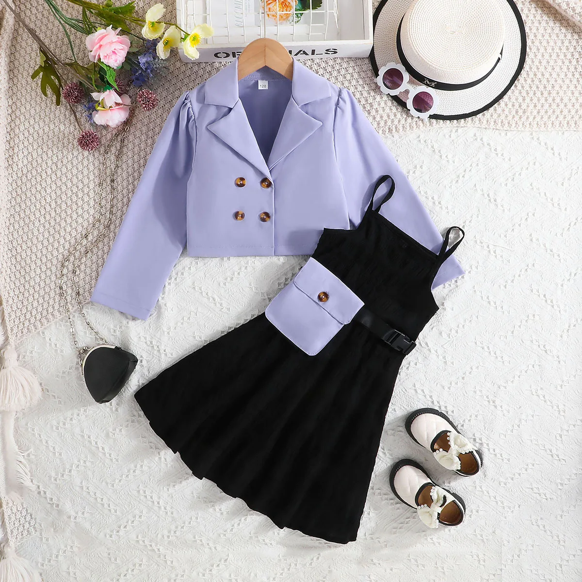 Conyson Latest Fashion korea Kids three pieces clothing suit jacket Dress wholesale solid color Girl summer clothes Set with bag