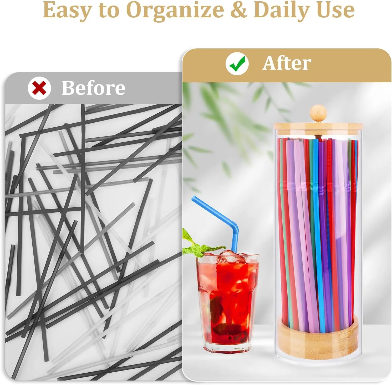 Acrylic Transparent Drinking Straw Holder Dispenser for Counter with Bamboo Lid for Standard Straws Organizer for Kitchen Party