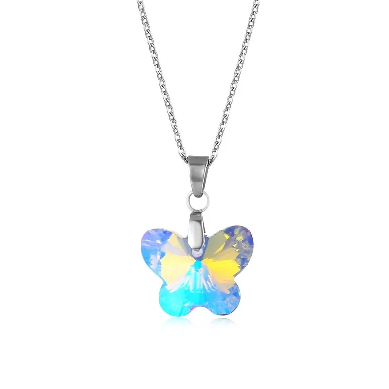 Exquisite Butterfly Crystal Zircon Pendant Necklace Stainless Steel  Multi-color Crystal Necklace Jewelry for Women