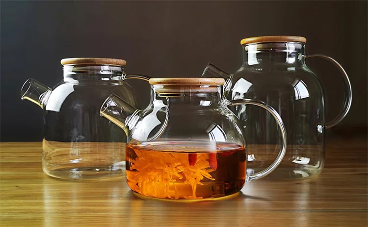 wholesale transparent 2 in 1 tea maker bamboo lid borosilicate 600ml 1000ml 1500ml 1800ml glass teapot flower tea