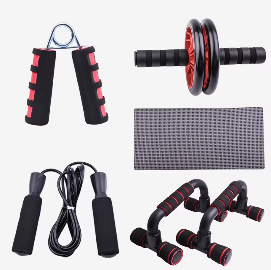 5-in-1 Home Gym Fitness Set with AB Wheel Roller Push up Stand Jump Rope Hand Grip Resistance Band Abdominal Wheel