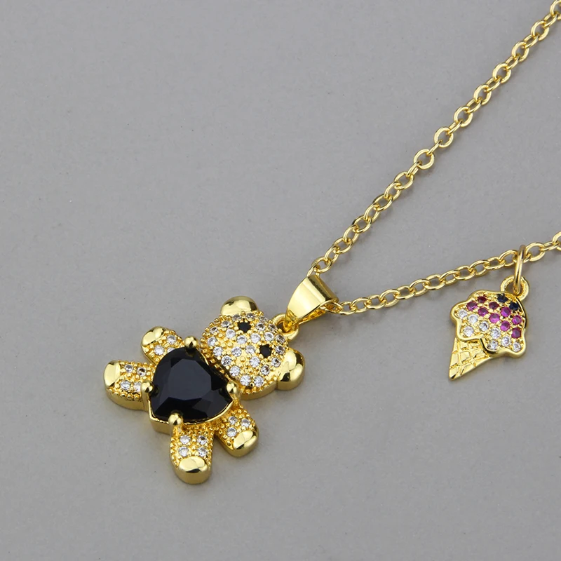 New Design Fashion Diamond Love Bear Pendant For Women  Cute Teddy Bear Ice Cream Combination Necklace