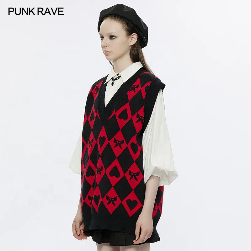 PUNK RAVE OPM-233TMF winter girls fashion soft warm comfortable wool V-neck loose fit original diamond weaving sleeveless vest