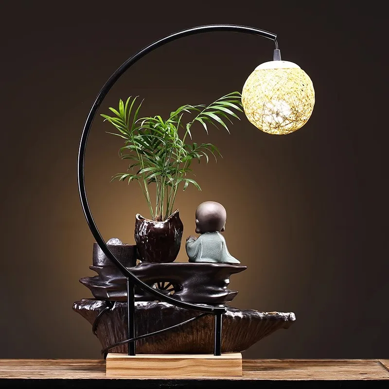 creative Flowing waterfall home decor ornament zen style resin water fountain with lantern for home decor