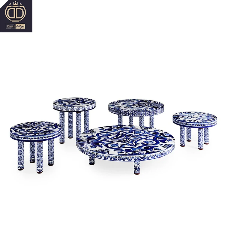 blue and white porcelain pattern coffee table set modern luxury round coffee table for living room