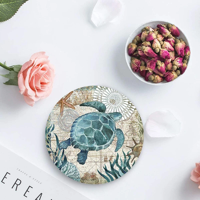 Water-Absorbent Quick-Drying Ceramic Coaster Sea Turtle Ocean Animal Landscape Cup Mats