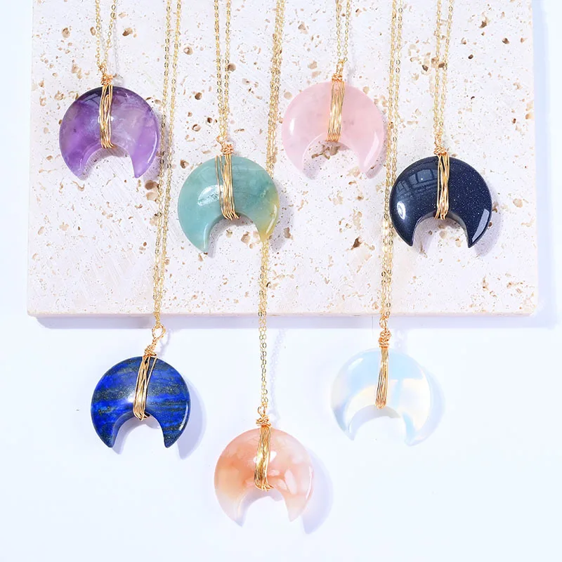 PJ-C083 Crescent moon shape necklace real gemstone gem necklace stone chain pendant multi color necklace jewelry
