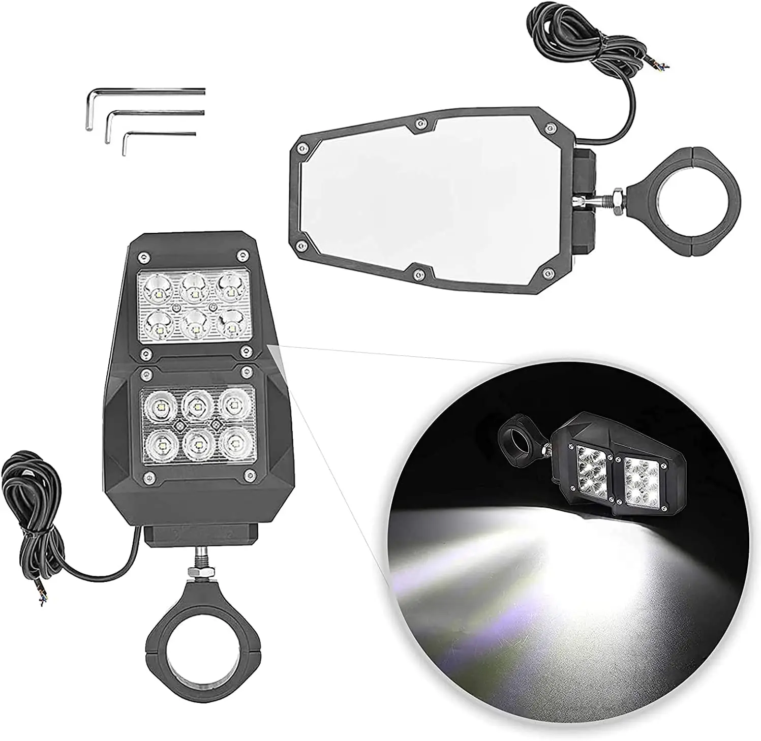 Adjustable UTV ATV Offroad Rearview Side Mirrors with Lights Universal Center UTV Mirror fit 1.75 to 2 Inch Roll Bar Cage