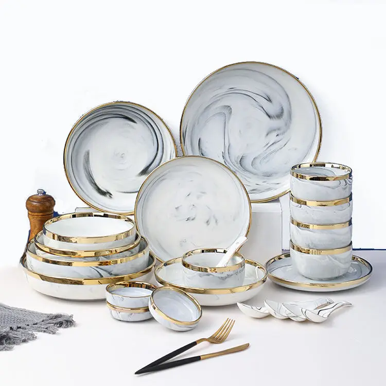 Wholesale hotel nordic christmas marble grey porcelain ceramic dinnerware set wedding luxury tableware
