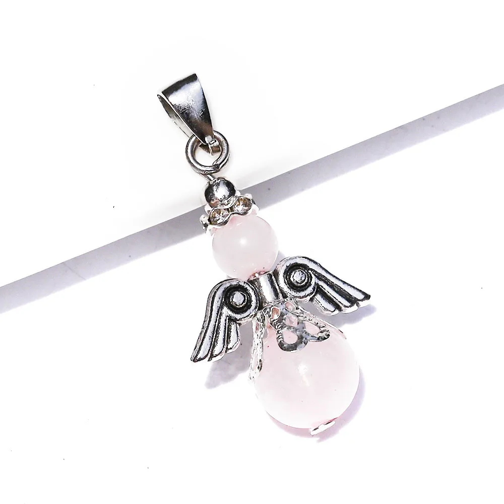 Natural Stone Amulet Healing Crystal Pendant Charm Dancing Angel Wings Round Pendants Beads Reiki Pendulum for Men Women