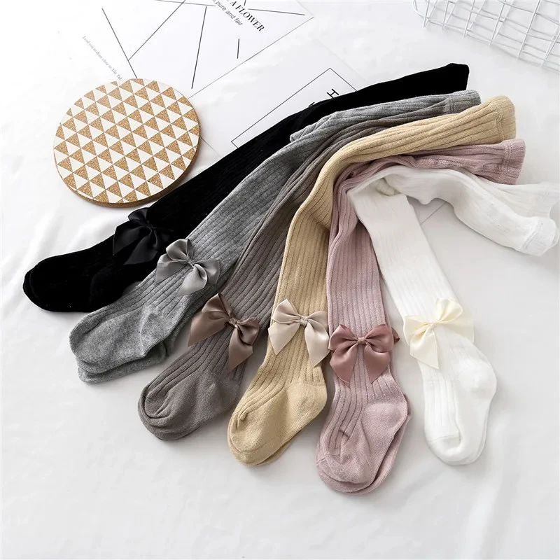 Spring Fashion Bowknot Tights For Girls Knitted Cotton Long Socks Kids Tights Children Pantyhose Baby Infant Toddler Pantyhose