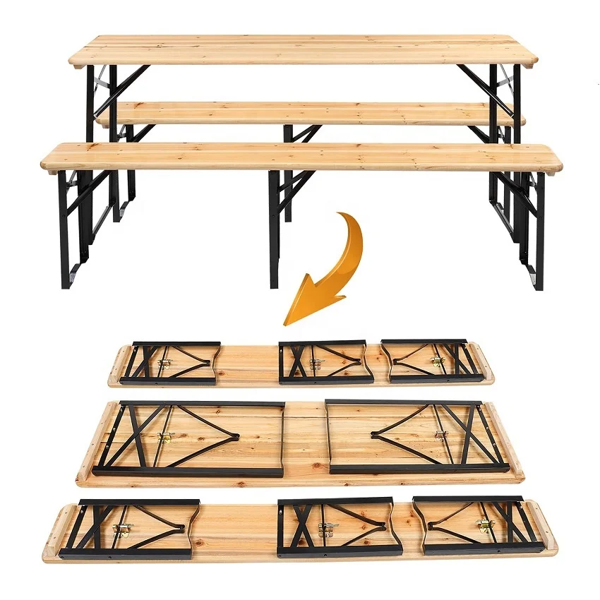 Perfect Quality 3 Legs Outdoor Beach Picnic Folding Wooden Beer Table Set with Benches