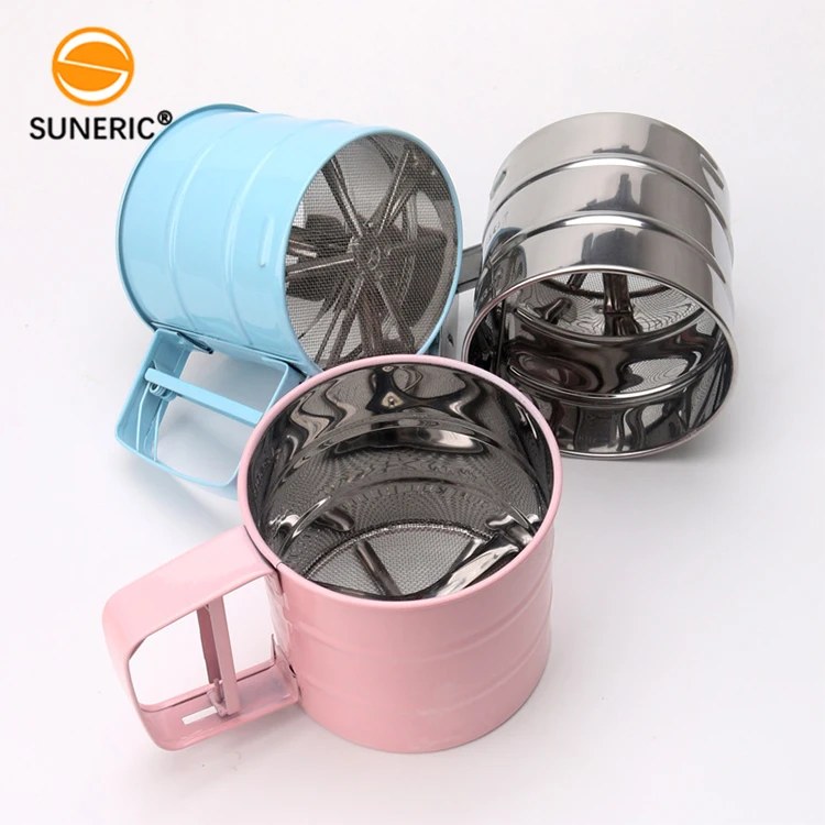 One hand press crank 2.5 cup squeeze powder sieve double-layer stainless steel sugar flour sifter for baking