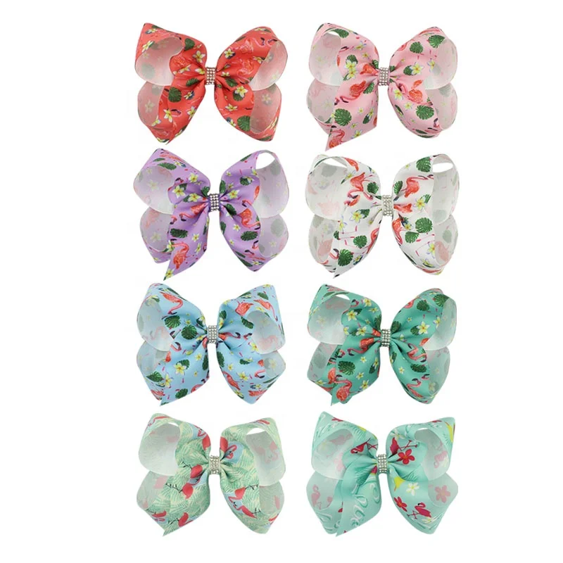 Новинка, лидер продаж, партиями по 6 дюймов с бантом для маленьких девочек, красивые Фламинго мультфильм шаблон лентой женские аксессуары для волос с искусственным бриллиантом