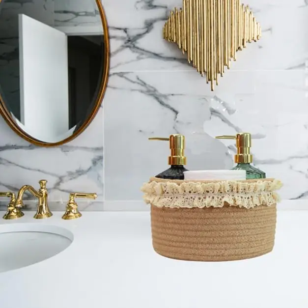 Small Cotton Rope Basket Nordic Wind Hand Woven Thick Cotton Rope Storage Organizer Cute Storage Basket For Household & KitcheR