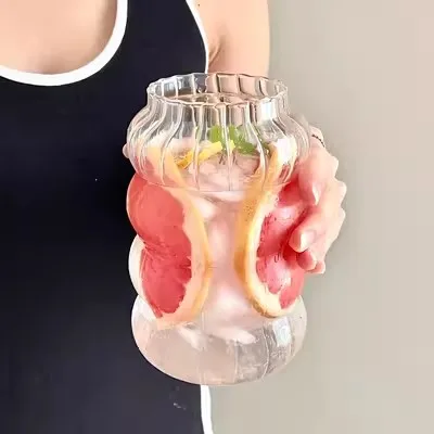 Large capacity Glass bottle with straw Bamboo wood cover hole glass high quality ice latte juice cup