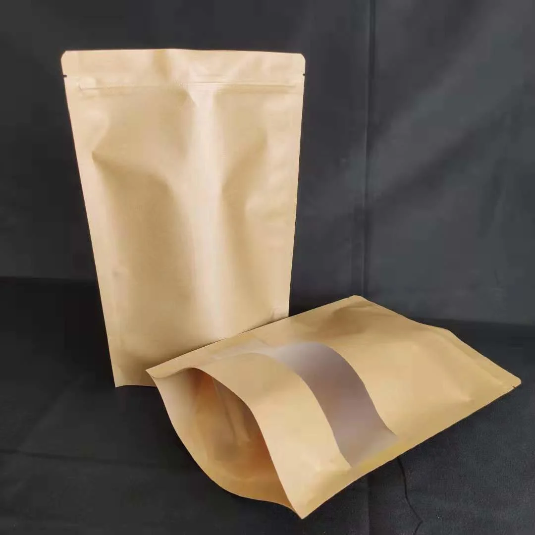 Stand up Kraft Paper Bags Clear Window Pouches Food Bags Brown Custom Logo Ziplock Kraft Paper PE Gravure Printing SGS Barrier