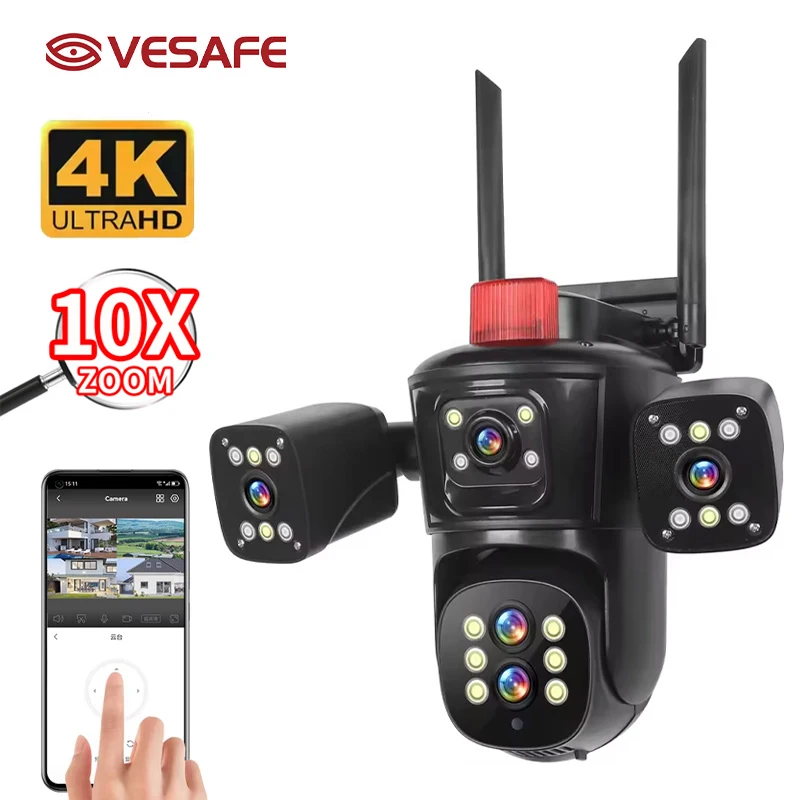 VESAFE Motion Detection 10x Zoom 4K Multi Lens 4 Screen 360-degree PTZ Cameras CCTV Home Security Camera