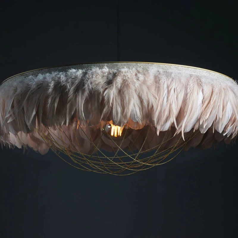 Custom living room light fittings handmade diy art deco style contemporary gold chain black circle led ring feather chandelier