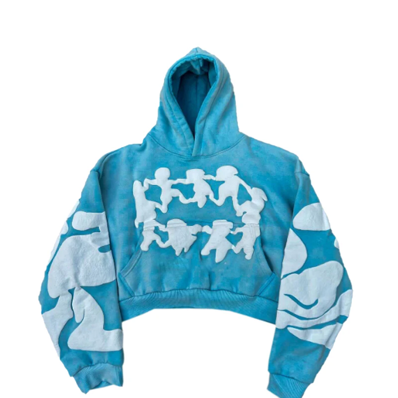 Wholesale Custom Puff Print Hoodies Vintage Acid Washed Cotton Cropped Heavyweight Streetwear Foam Print Hoodies For Men