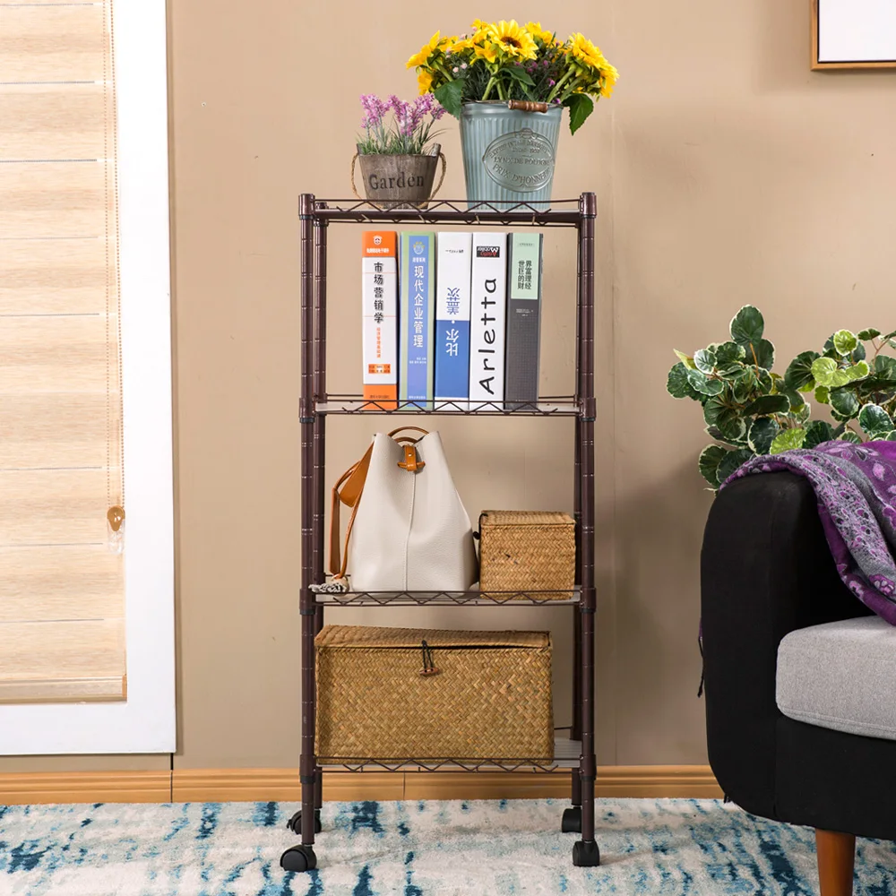 4-Shelf Adjustable, Heavy Duty Storage Shelving Unit with Castors, Steel Organizer Wire Rack