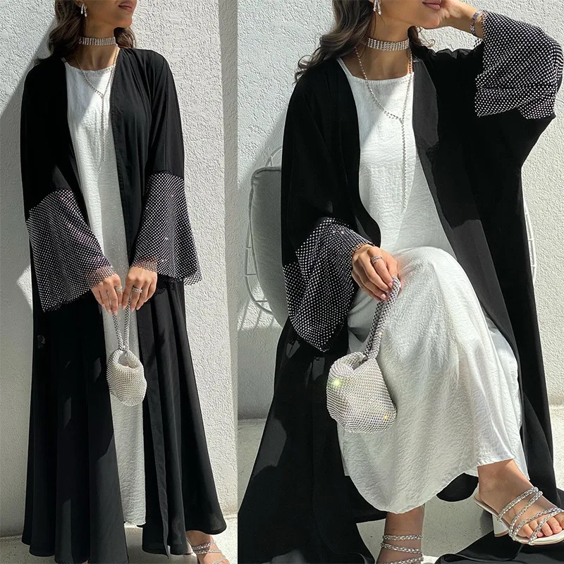 Middle East Exclusive Cardigan Nida Fabric for Abaya Stretch Drill Mesh Robe Turkish Arabic Muslim Women Open Black Abaya