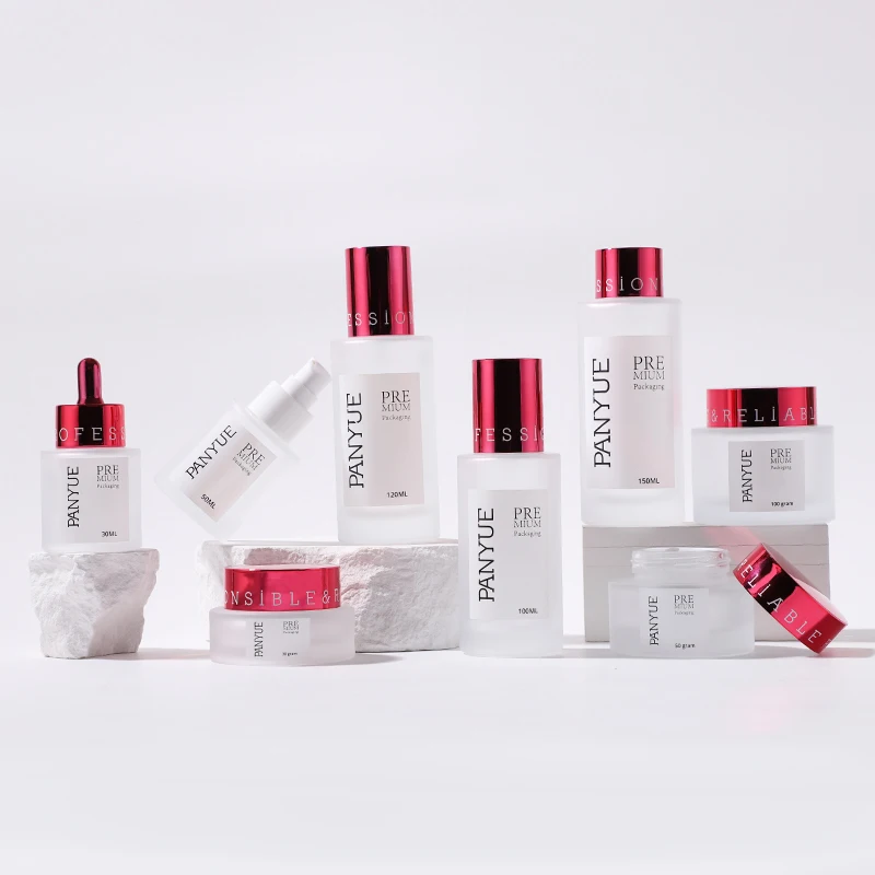 Luxury frosted glass jar serum eye essential oil dropper toner lotion cream pump glass packaging bottle with plating cap