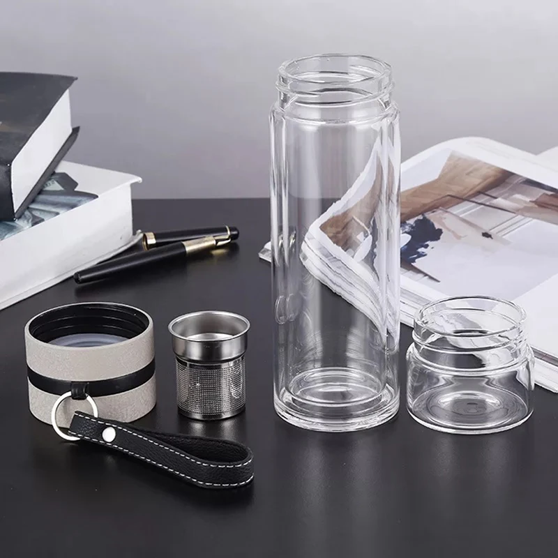 double wall glass tea separator bottle custom glass water bottles with filter tea infuser bottles