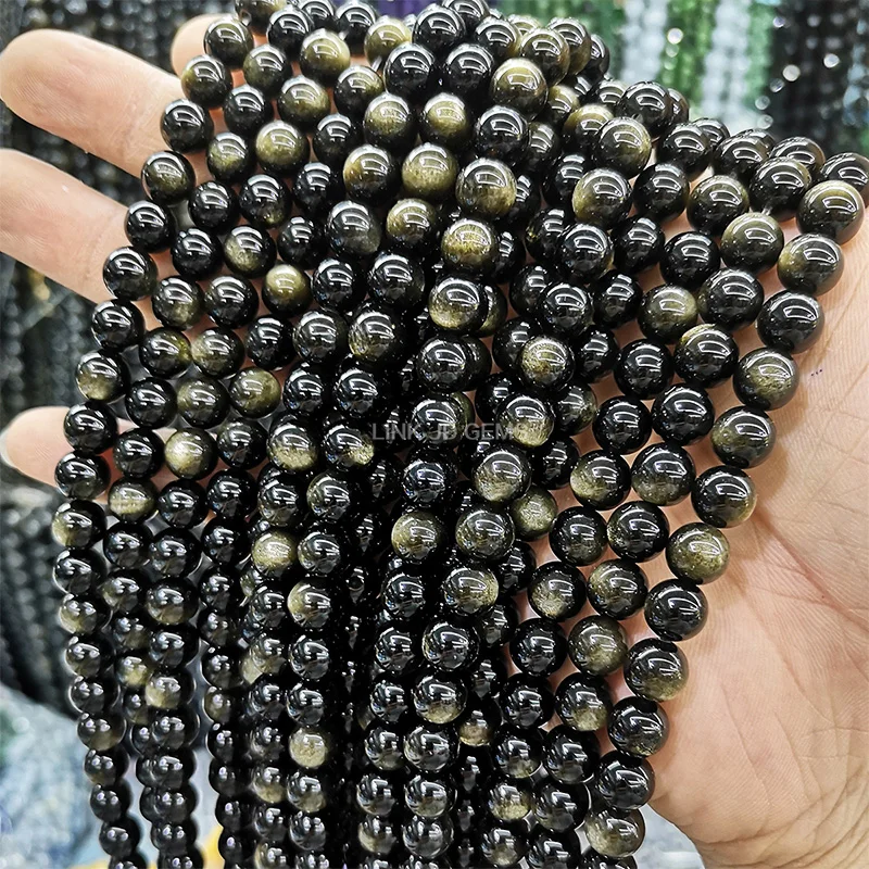 4/6/8/10/12/14/16mm 5A 7A Round Loose Polished Rainbow Black Gemstone Stone Hand-Made Ornament Gold Obsidian Beads
