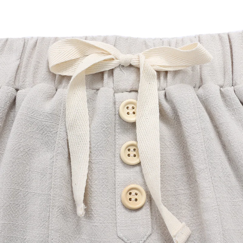 Wholesale Toddler Baby Clothes Linen Fabric Plain Color Button Front Design Unisex Bottoms