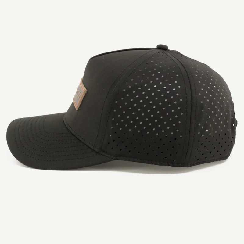 Custom polyester 6 panel leather patch logo laser hole drill perforated golf hat running sports cap for men