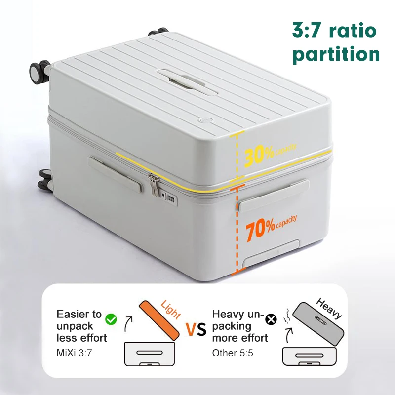 3:7 ratio partition easier to unpack less effort trolley luggages hard shell travel suitcases long distance luggage travel bags