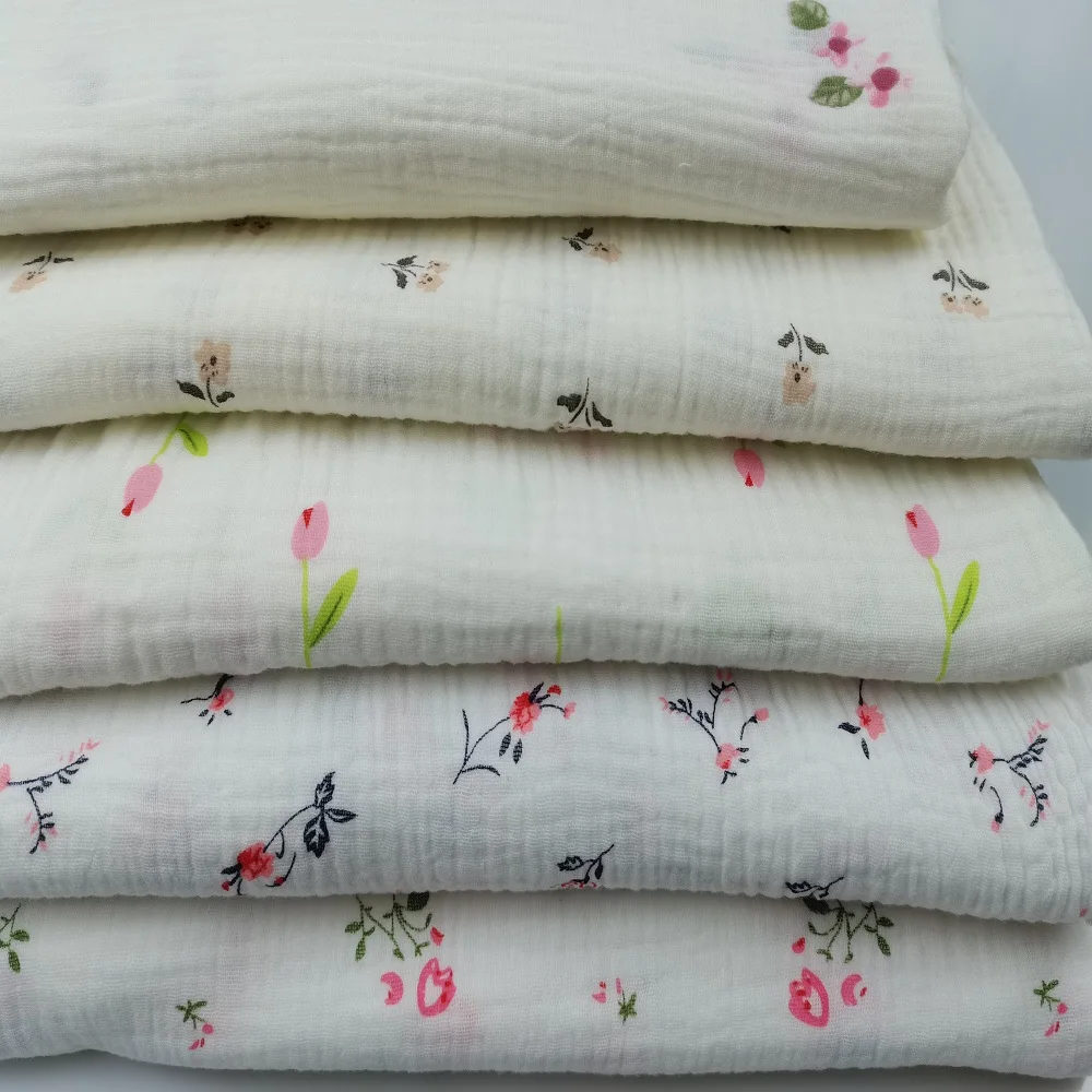 2023 factory wholesale custom designs  100% cotton Double Gauze muslin crinkle Print Fabric  for garments and swaddles