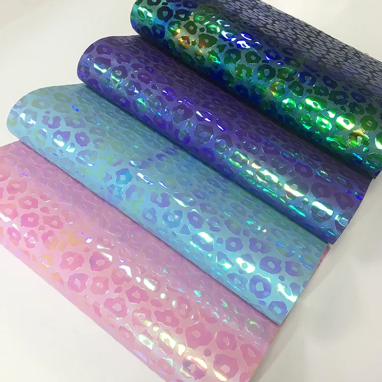 leopard pattern Metallic Holographic Reflective Pu Synthetic Faux Leather For Bags/shoes Making