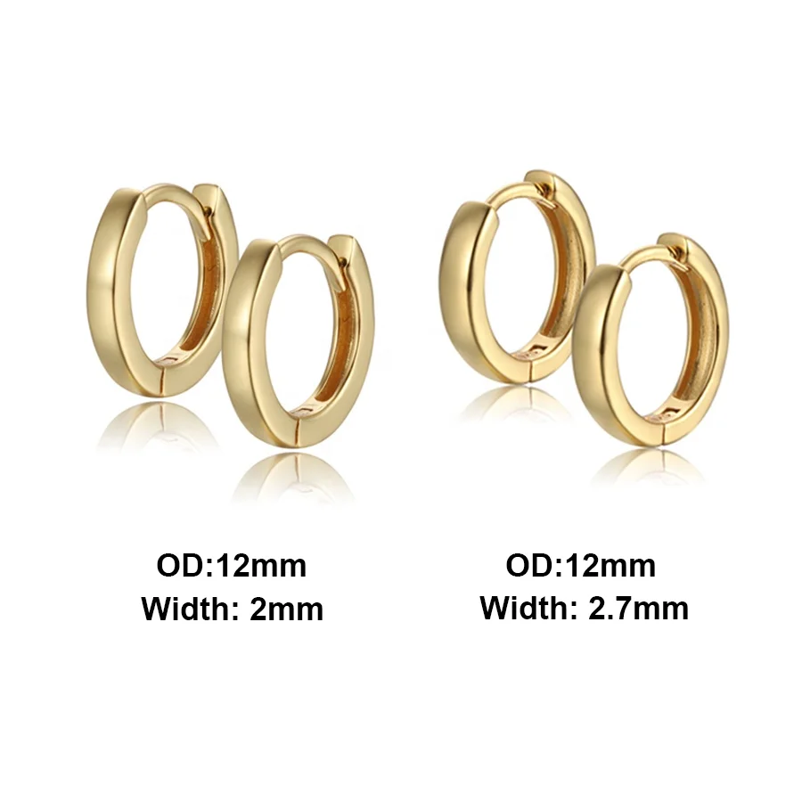 Aiz Jewelry Custom Plain Gold Minimalist 12mm OD 2mm 2.7mm Width  18K Gold Plated Huggie Earrings 925 Silver Wholesale
